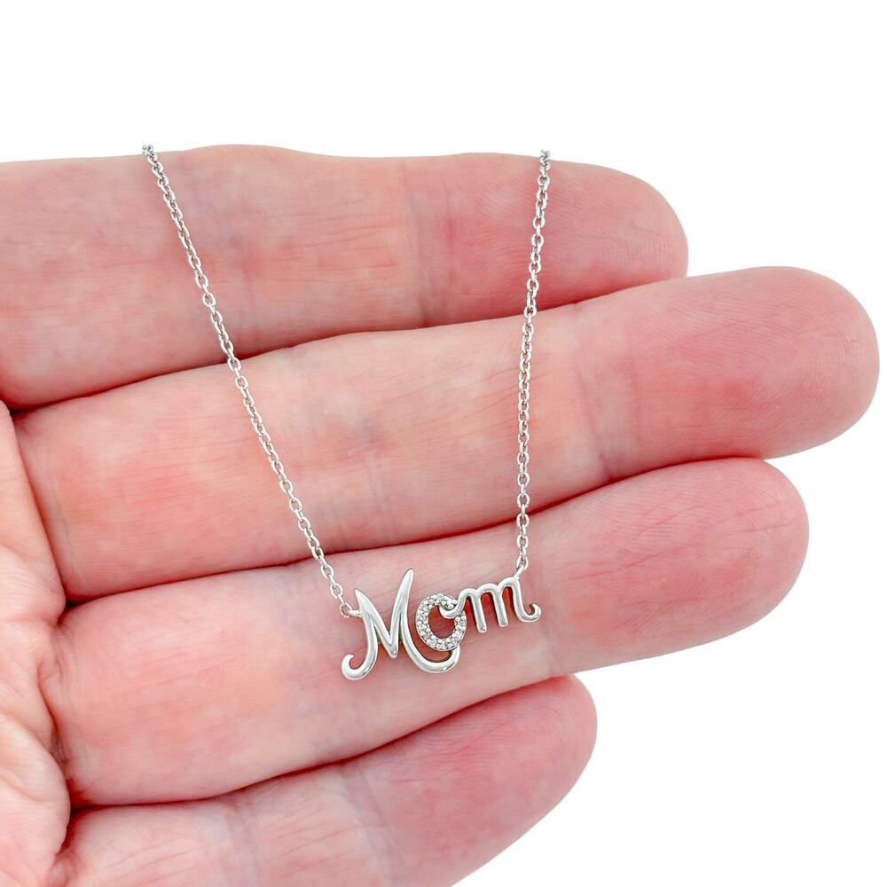 Italian Sterling Silver 925 Diamond 0.05ctw Mom Script Pendant Necklace 16-18"
